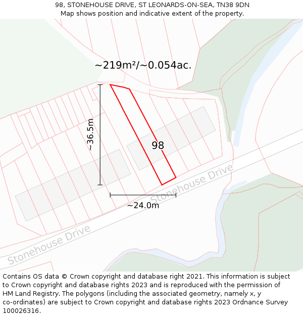 98, STONEHOUSE DRIVE, ST LEONARDS-ON-SEA, TN38 9DN: Plot and title map