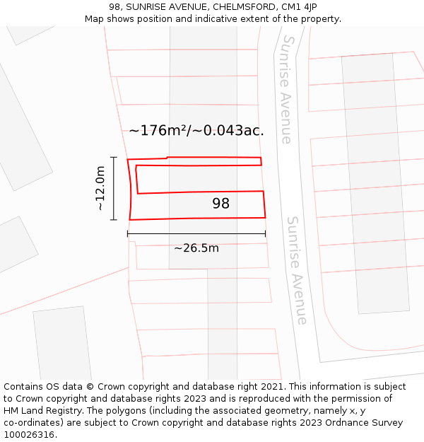 98, SUNRISE AVENUE, CHELMSFORD, CM1 4JP: Plot and title map
