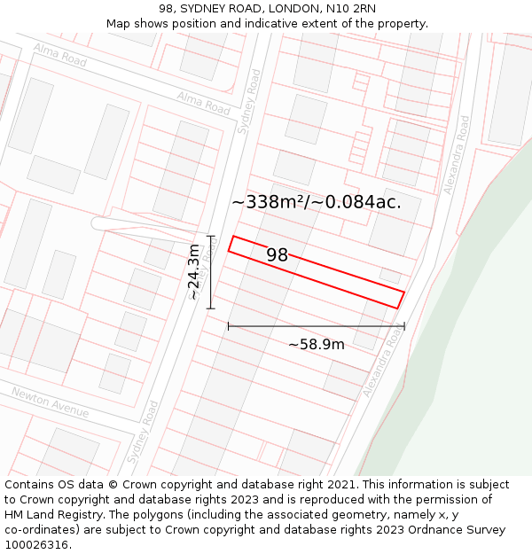98, SYDNEY ROAD, LONDON, N10 2RN: Plot and title map