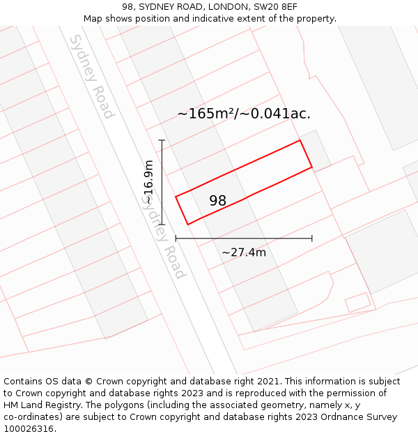 98, SYDNEY ROAD, LONDON, SW20 8EF: Plot and title map