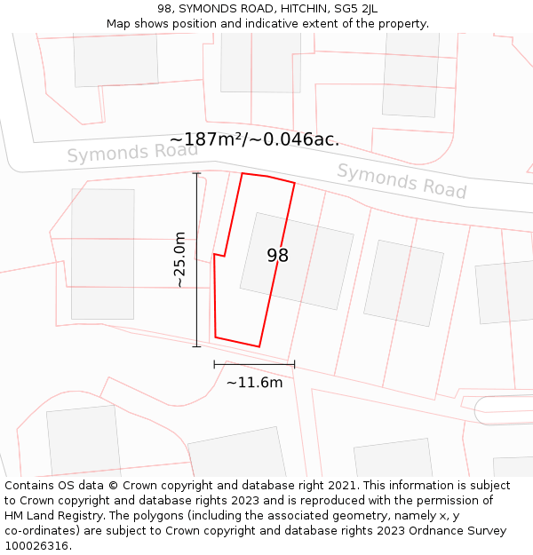 98, SYMONDS ROAD, HITCHIN, SG5 2JL: Plot and title map