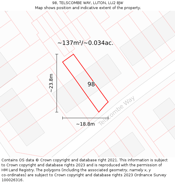 98, TELSCOMBE WAY, LUTON, LU2 8JW: Plot and title map