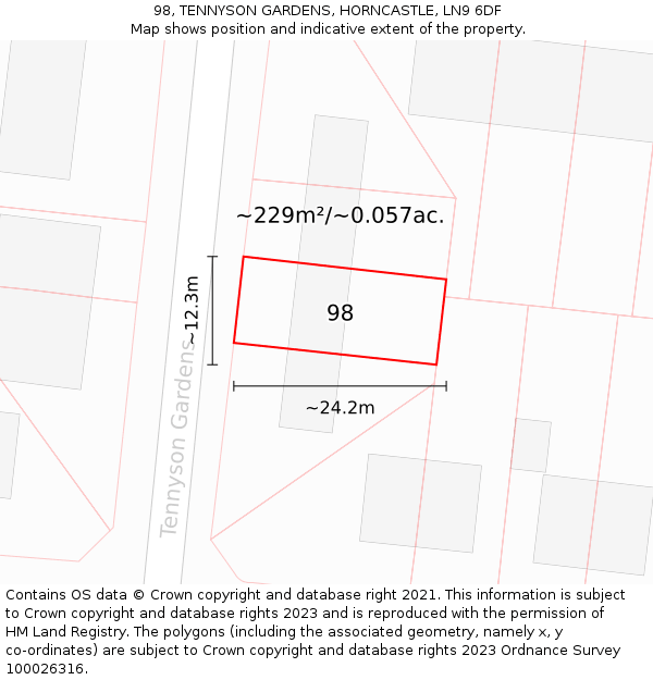 98, TENNYSON GARDENS, HORNCASTLE, LN9 6DF: Plot and title map