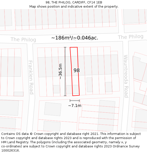 98, THE PHILOG, CARDIFF, CF14 1EB: Plot and title map