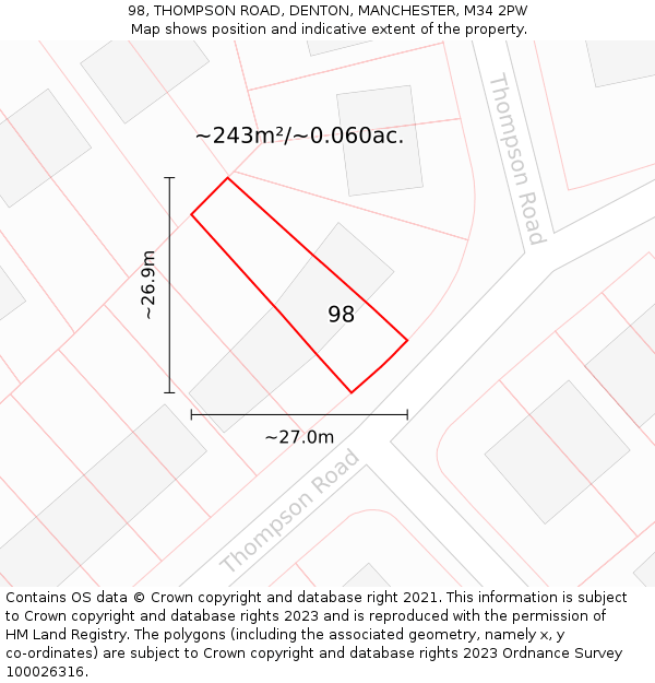 98, THOMPSON ROAD, DENTON, MANCHESTER, M34 2PW: Plot and title map