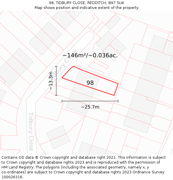 98, TIDBURY CLOSE, REDDITCH, B97 5LW: Plot and title map