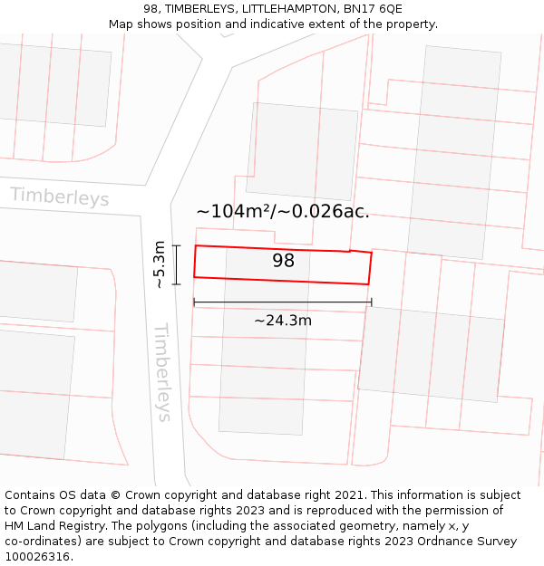 98, TIMBERLEYS, LITTLEHAMPTON, BN17 6QE: Plot and title map
