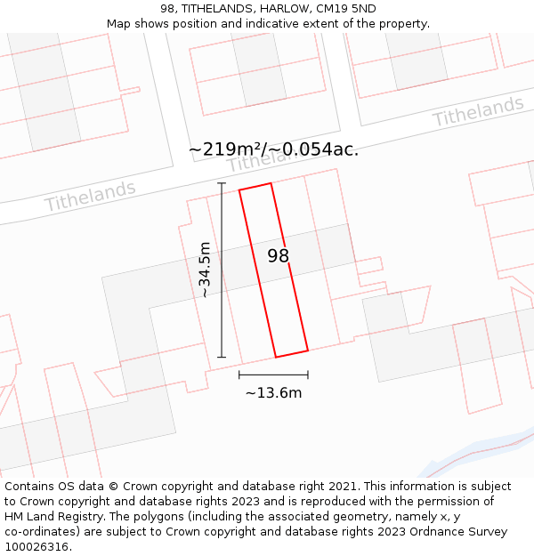 98, TITHELANDS, HARLOW, CM19 5ND: Plot and title map
