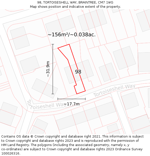98, TORTOISESHELL WAY, BRAINTREE, CM7 1WG: Plot and title map