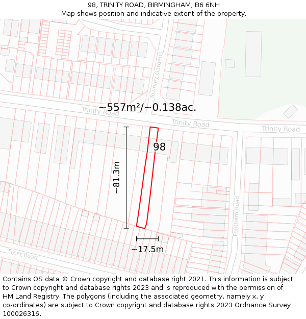98, TRINITY ROAD, BIRMINGHAM, B6 6NH: Plot and title map