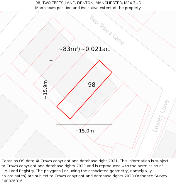 98, TWO TREES LANE, DENTON, MANCHESTER, M34 7UD: Plot and title map