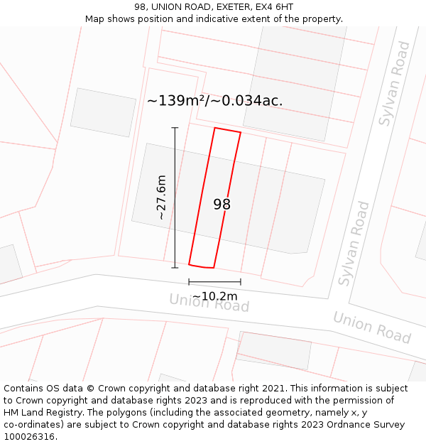 98, UNION ROAD, EXETER, EX4 6HT: Plot and title map