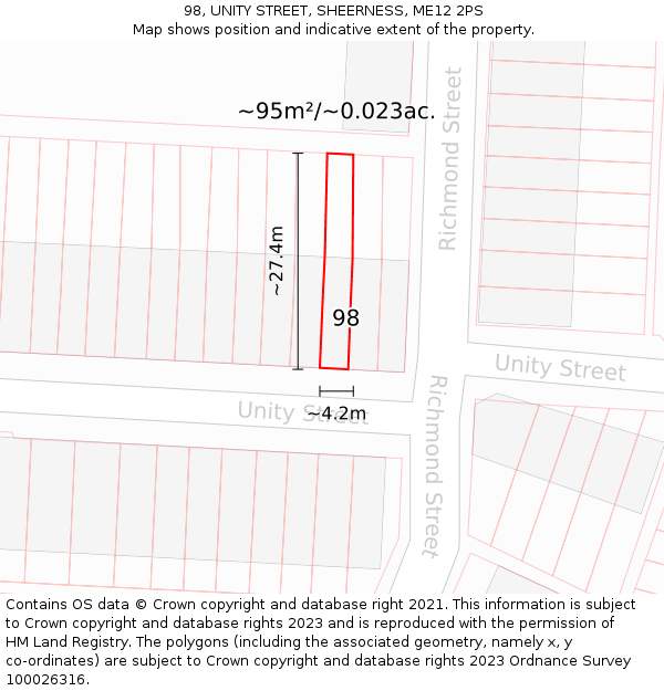 98, UNITY STREET, SHEERNESS, ME12 2PS: Plot and title map