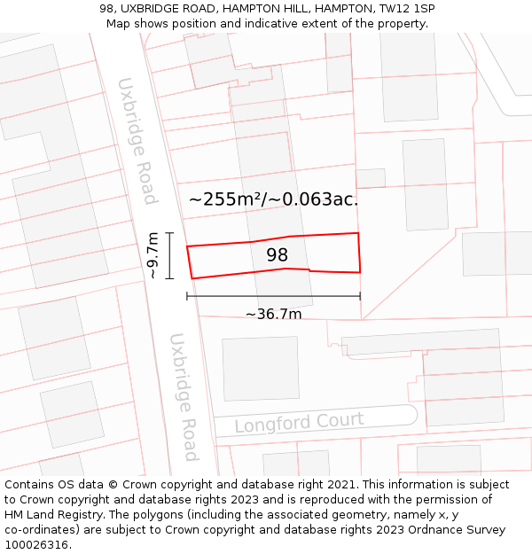 98, UXBRIDGE ROAD, HAMPTON HILL, HAMPTON, TW12 1SP: Plot and title map