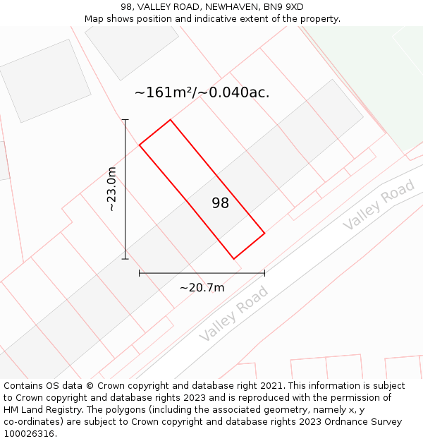 98, VALLEY ROAD, NEWHAVEN, BN9 9XD: Plot and title map