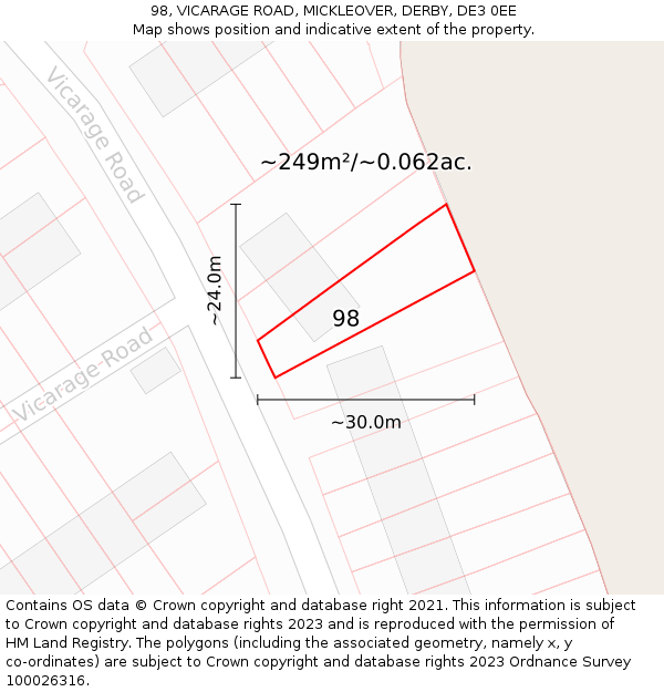 98, VICARAGE ROAD, MICKLEOVER, DERBY, DE3 0EE: Plot and title map