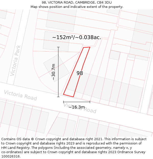 98, VICTORIA ROAD, CAMBRIDGE, CB4 3DU: Plot and title map