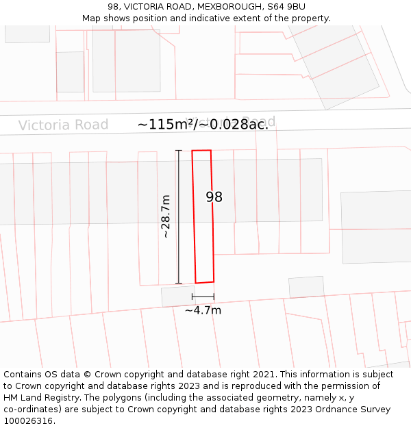 98, VICTORIA ROAD, MEXBOROUGH, S64 9BU: Plot and title map