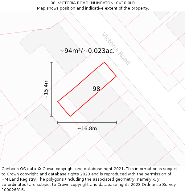 98, VICTORIA ROAD, NUNEATON, CV10 0LR: Plot and title map