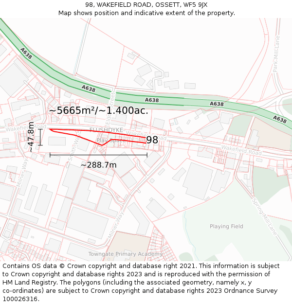 98, WAKEFIELD ROAD, OSSETT, WF5 9JX: Plot and title map