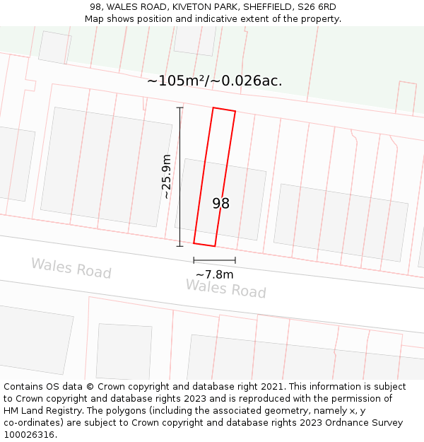 98, WALES ROAD, KIVETON PARK, SHEFFIELD, S26 6RD: Plot and title map