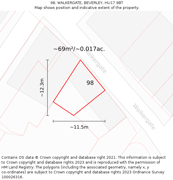 98, WALKERGATE, BEVERLEY, HU17 9BT: Plot and title map