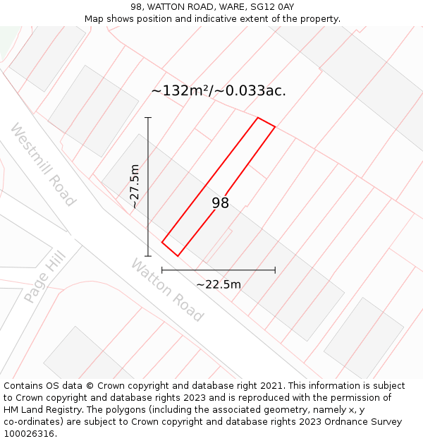 98, WATTON ROAD, WARE, SG12 0AY: Plot and title map