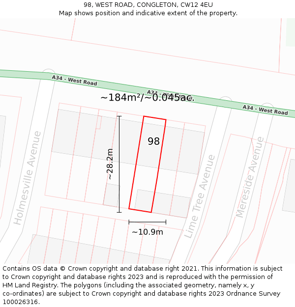 98, WEST ROAD, CONGLETON, CW12 4EU: Plot and title map