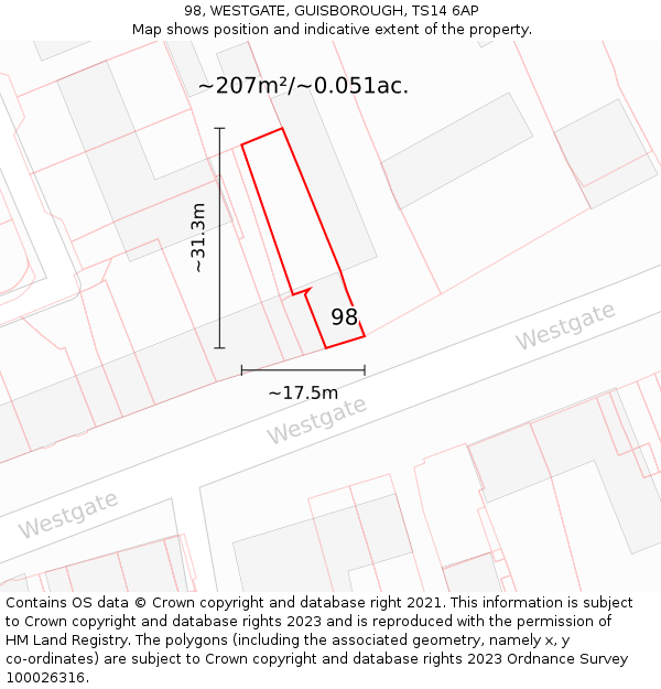 98, WESTGATE, GUISBOROUGH, TS14 6AP: Plot and title map