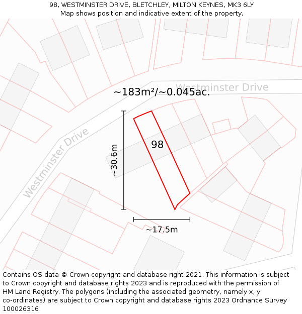 98, WESTMINSTER DRIVE, BLETCHLEY, MILTON KEYNES, MK3 6LY: Plot and title map