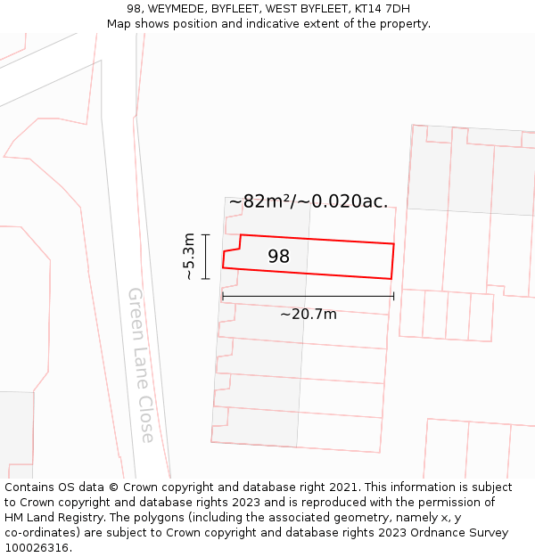 98, WEYMEDE, BYFLEET, WEST BYFLEET, KT14 7DH: Plot and title map