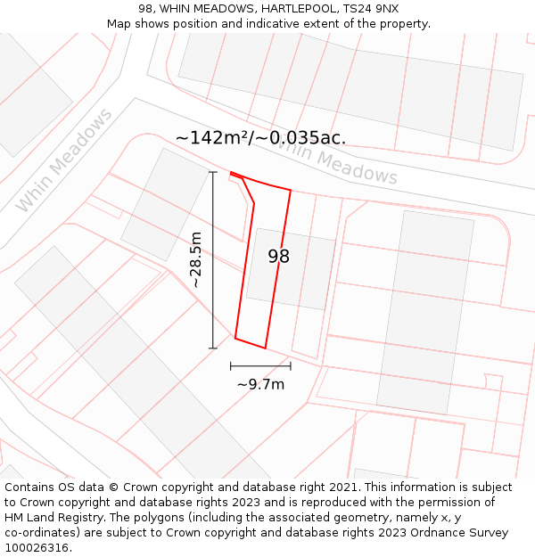 98, WHIN MEADOWS, HARTLEPOOL, TS24 9NX: Plot and title map