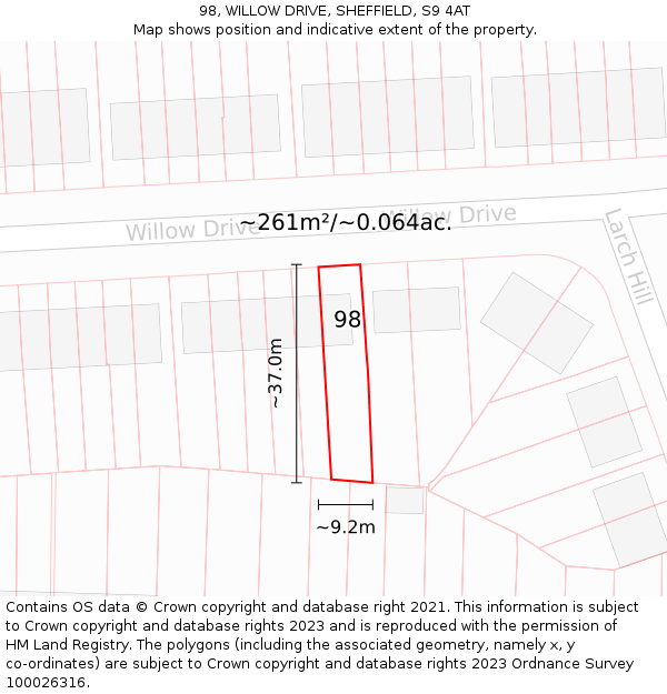 98, WILLOW DRIVE, SHEFFIELD, S9 4AT: Plot and title map