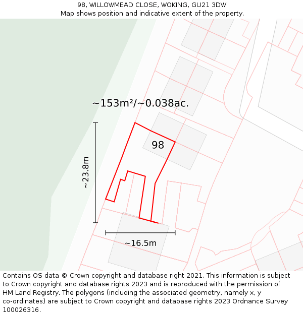 98, WILLOWMEAD CLOSE, WOKING, GU21 3DW: Plot and title map