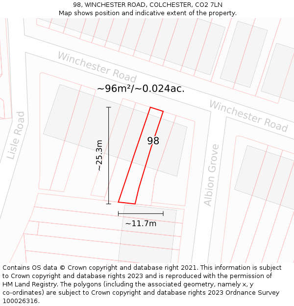 98, WINCHESTER ROAD, COLCHESTER, CO2 7LN: Plot and title map