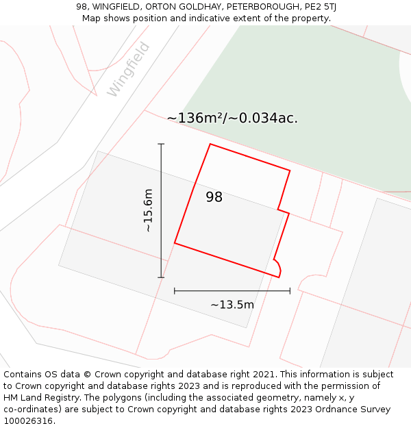 98, WINGFIELD, ORTON GOLDHAY, PETERBOROUGH, PE2 5TJ: Plot and title map