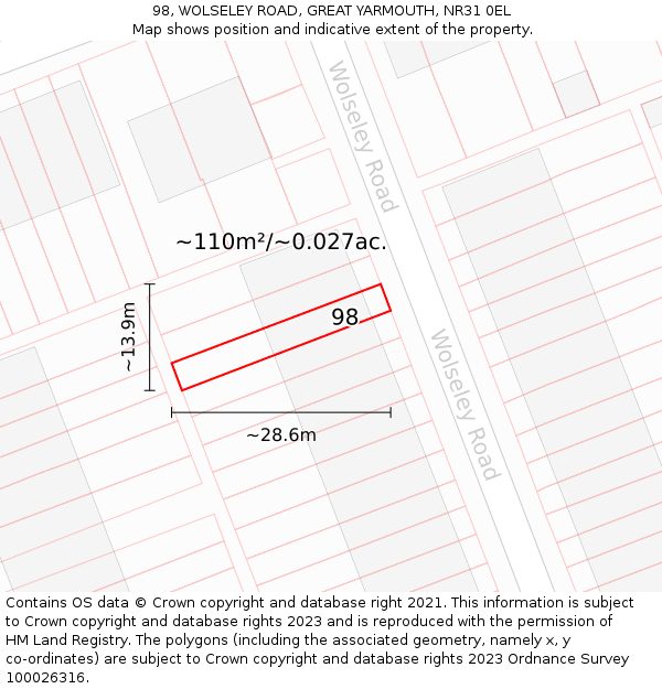 98, WOLSELEY ROAD, GREAT YARMOUTH, NR31 0EL: Plot and title map