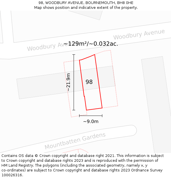 98, WOODBURY AVENUE, BOURNEMOUTH, BH8 0HE: Plot and title map