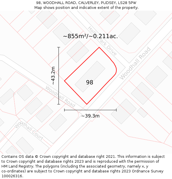 98, WOODHALL ROAD, CALVERLEY, PUDSEY, LS28 5PW: Plot and title map