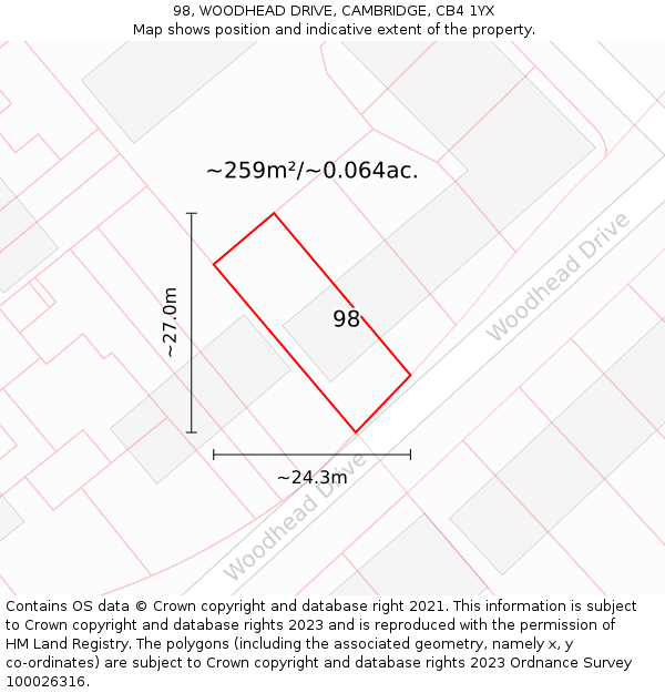 98, WOODHEAD DRIVE, CAMBRIDGE, CB4 1YX: Plot and title map