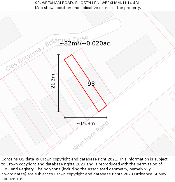 98, WREXHAM ROAD, RHOSTYLLEN, WREXHAM, LL14 4DL: Plot and title map