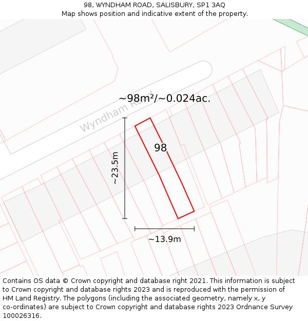 98, WYNDHAM ROAD, SALISBURY, SP1 3AQ: Plot and title map