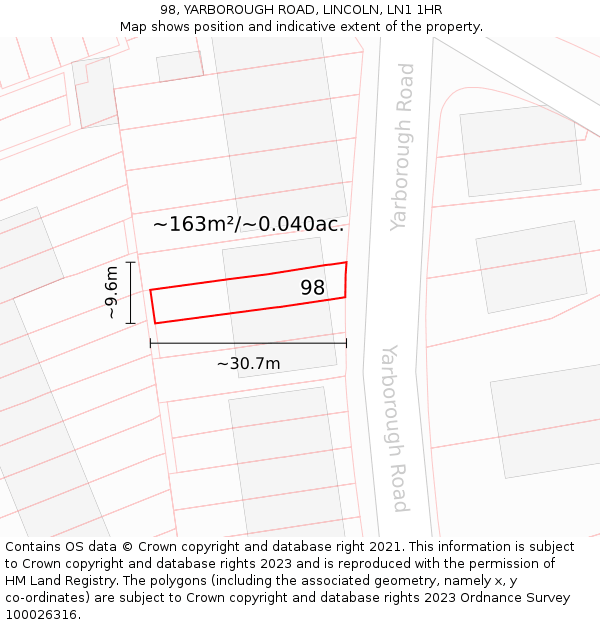 98, YARBOROUGH ROAD, LINCOLN, LN1 1HR: Plot and title map