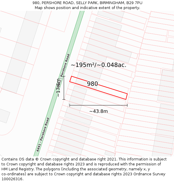 980, PERSHORE ROAD, SELLY PARK, BIRMINGHAM, B29 7PU: Plot and title map