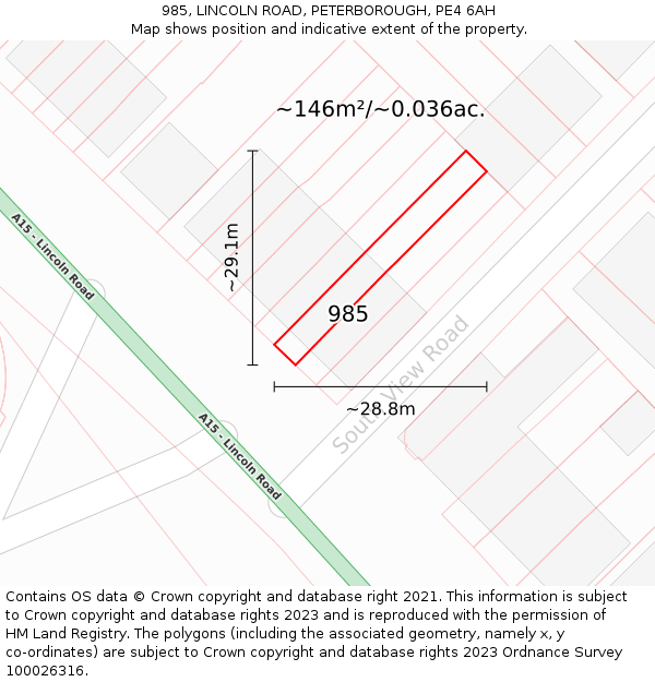 985, LINCOLN ROAD, PETERBOROUGH, PE4 6AH: Plot and title map