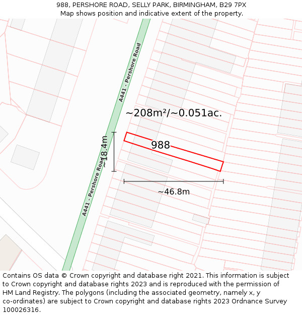 988, PERSHORE ROAD, SELLY PARK, BIRMINGHAM, B29 7PX: Plot and title map