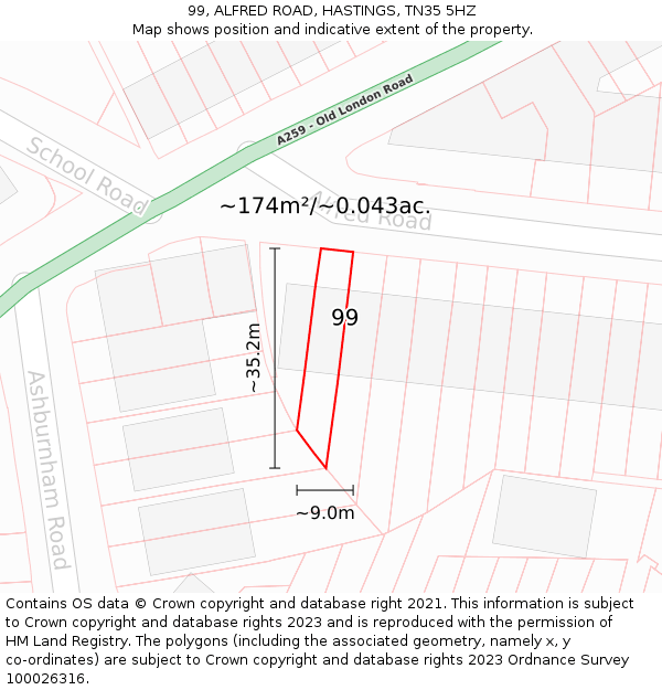 99, ALFRED ROAD, HASTINGS, TN35 5HZ: Plot and title map