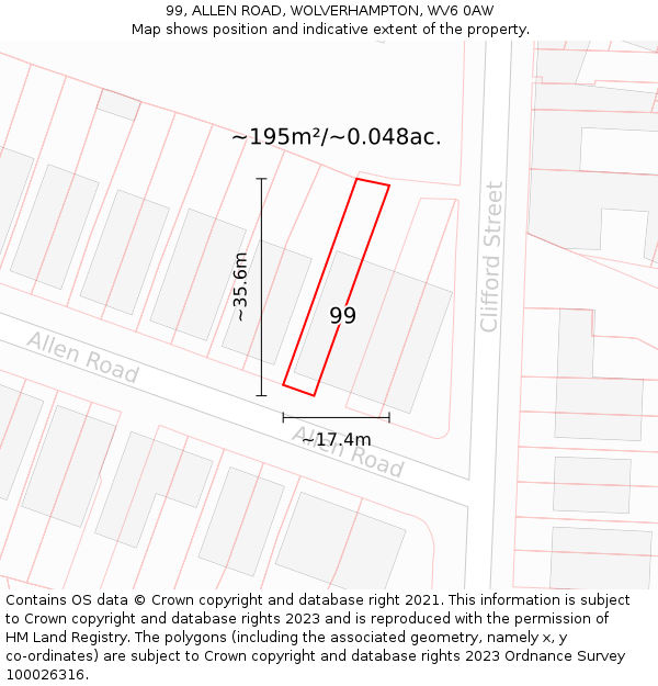 99, ALLEN ROAD, WOLVERHAMPTON, WV6 0AW: Plot and title map