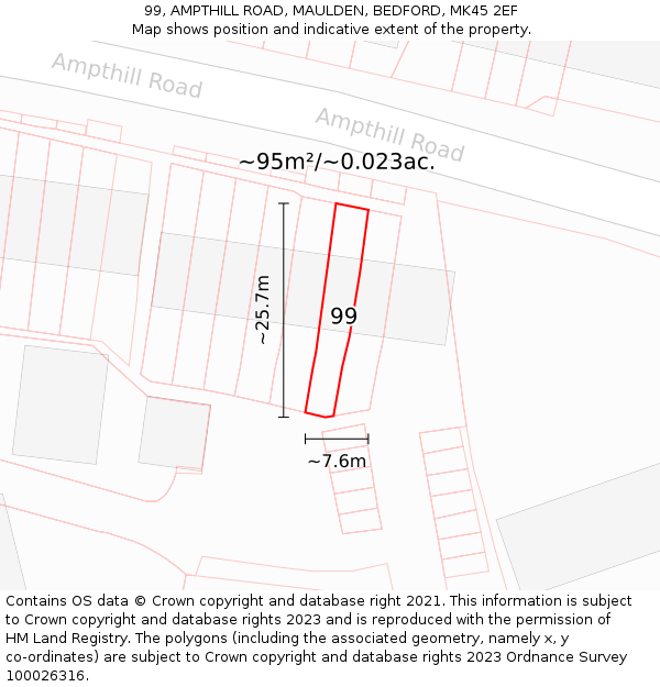 99, AMPTHILL ROAD, MAULDEN, BEDFORD, MK45 2EF: Plot and title map