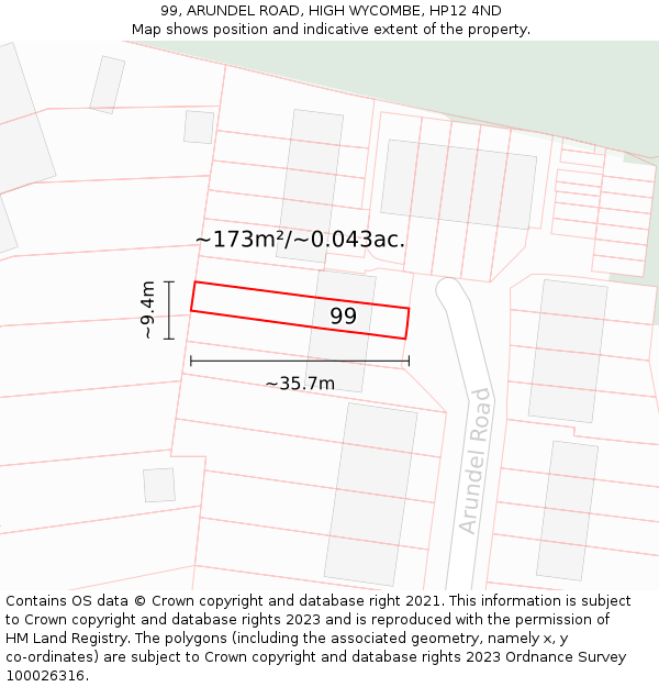 99, ARUNDEL ROAD, HIGH WYCOMBE, HP12 4ND: Plot and title map